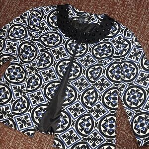 Moroccan tile damask open front cropped bold boxy blazer embellished neckline